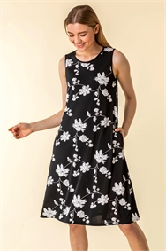 Black Monochrome Floral Pocket Dress