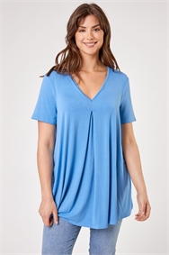 Blue Curve Pleat Front Jersey Tunic Top