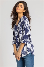 Navy Contrast Palm Leaf Print Tunic Top