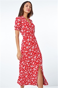 Red Ditsy Floral Print Fit & Flare Dress