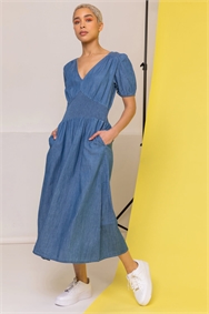 Denim Shirred Waist Pocket Midi Dress