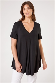 Black Curve Pleat Front Jersey Tunic Top