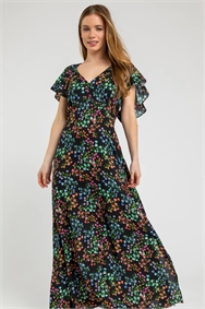 Black Petite Ditsy Floral Print Maxi Dress
