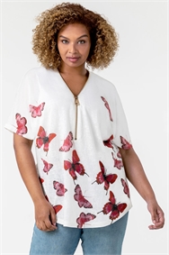 Pink Curve Butterfly Print Zip Front T-Shirt