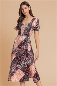 Rose Shirred Patchwork Floral Midi Dress