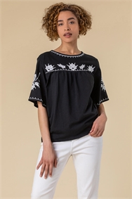 Black Embroidered Yoke T-Shirt