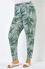 Khaki Curve Leaf Print Jersey Tapered Trouser