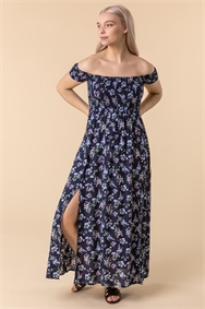Midnight Blue Shirred Ditsy Floral Print Bardot Dress