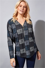 Navy Abstract Square Print Zip Top