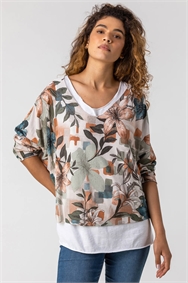 Neutral Floral Print Double Layer Top