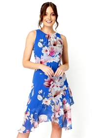 Royal Blue Floral Chiffon Hanky Hem Ruffle Dress