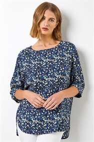 Navy Ditsy Floral Print Tunic Top
