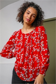 Red Floral Print Pleated Neck Top
