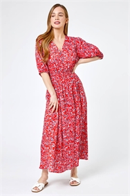 Red Petite Floral Print Shirred Maxi Dress