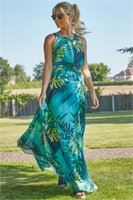 Aqua Tropical Print Maxi Dress