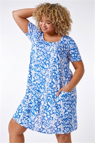 Blue Curve Tropical Print Pocket Slouch Dress