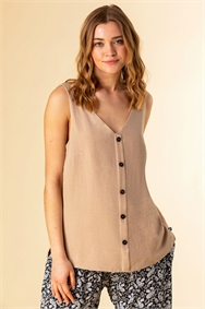 Stone Button Front Sleeveless Top