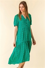 Green Spot Print Tiered Midi Dress