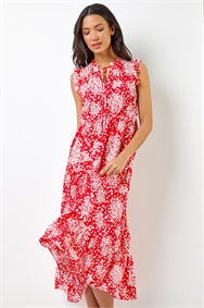 Red Ditsy Floral Print Frill Detail Maxi Dress