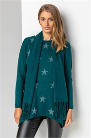 Teal Star Print Knitted Tunic with Tassel Scarf