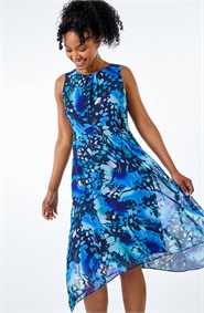 Blue Petite Floral Midi Hanky Hem Dress