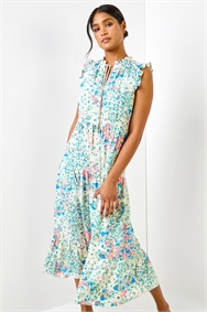 Ivory Ditsy Floral Print Frill Detail Maxi Dress