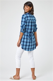 Blue Check Print Belted Blouse