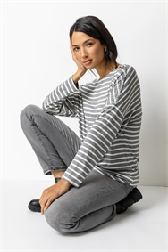 Grey Stripe Print Embellished Stretch T Shirt 