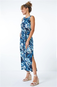 Blue Petite Tropical Print Stretch Jersey Column Dress