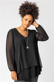 Black Curve Chiffon Top With Necklace