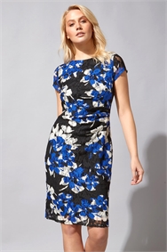 Blue Floral Print Ruched Lace Dress