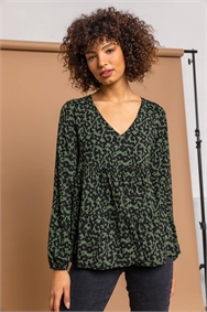 Green Animal Print V Neck Tiered Top