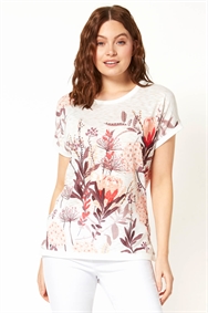 Natural Embellished Floral Print T-Shirt