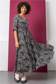 Black Floral Print Shirred Waist Maxi Dress