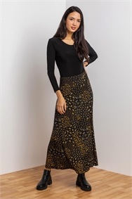 Black Patchwork Floral Jersey Midi Skirt