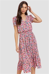 Pink Ditsy Floral Tiered Midi Dress