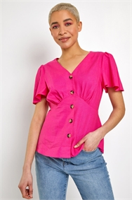 Pink Linen Button Through Blouse