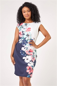 Navy Petite Floral Print Premium Stretch Dress