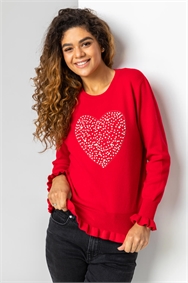 Red Faux Pearl Embellished Heart Jumper