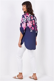 Navy Floral Print Button Down Top