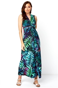 Turquoise Tropical Print Maxi Dress