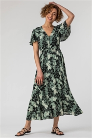 Green Floral Print Tiered Maxi Dress