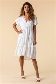 Ivory Broderie Tiered Smock Dress