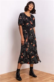 Black Spot Floral Print Midi Tea Dress