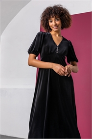 Black Velvet Button Detail Fit & Flare Dress