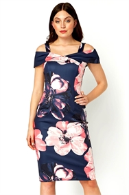 Navy Floral Cold Shoulder Luxe Stretch Dress