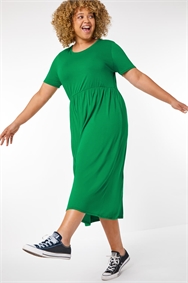 Green Curve Gathered Skirt Midi Stretch Dress