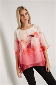 Pink Floral Chiffon Overlay Top