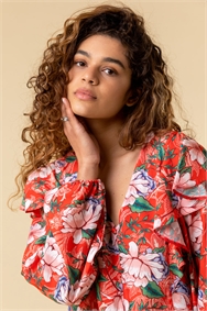 Coral Floral Paisley Print Frill Sleeve Top