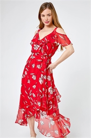 Red Petite Floral Print Cold Shoulder Midi Dress